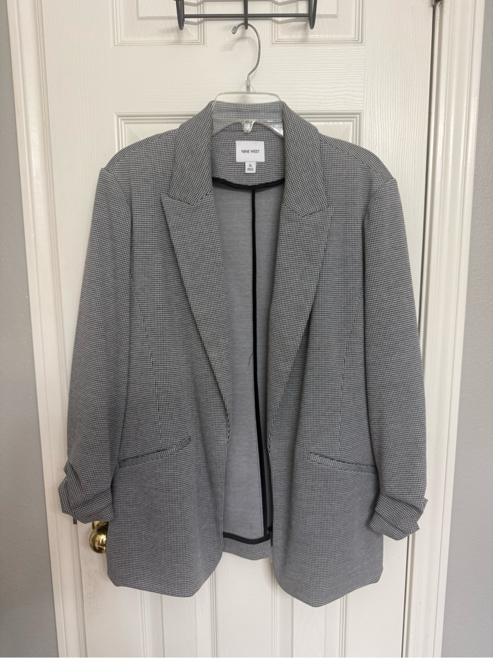 Nine West Gray Micro-Houndstooth Open Front Blazer